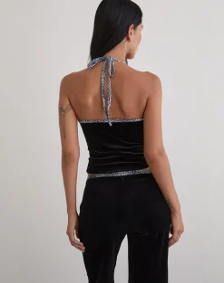 Solyn Halterneck Top in Black with Leopard Binding