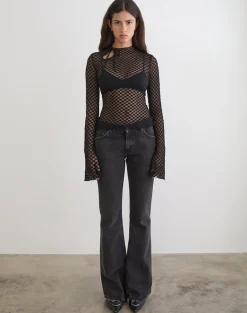 Sonam Long Sleeve Keyhole Top in Polka Lace Black
