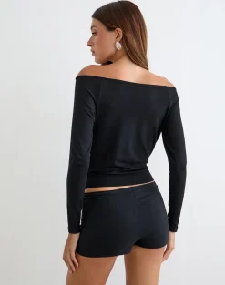 Sore Long Sleeve Cowl Top with Beads in Jersey Black
