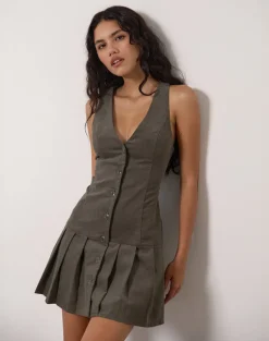 Starrin Button Mini Dress in Cord Brown