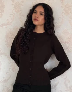 Subra Long Sleeve Ribbed Hem Cardigan in Bitter Chocolate