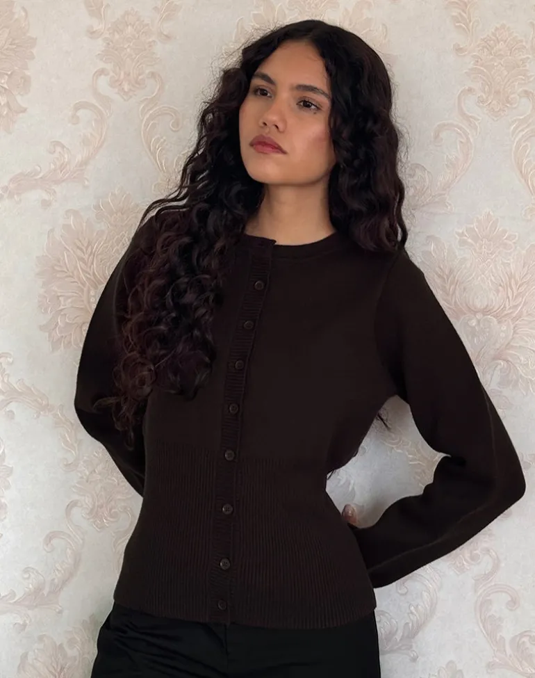 Subra Long Sleeve Ribbed Hem Cardigan in Bitter Chocolate