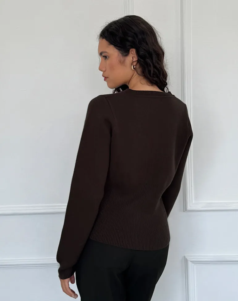 Subra Long Sleeve Ribbed Hem Cardigan in Bitter Chocolate