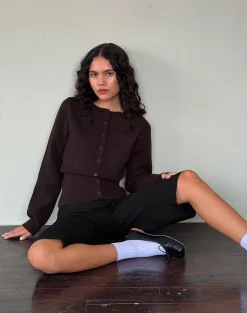 Subra Long Sleeve Ribbed Hem Cardigan in Bitter Chocolate