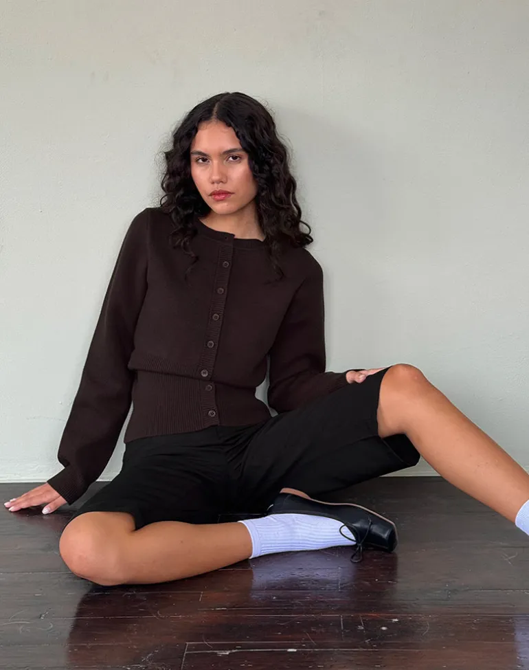 Subra Long Sleeve Ribbed Hem Cardigan in Bitter Chocolate