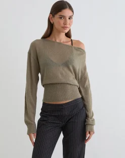 Suena Asymmetric Jumper in Knit Khaki