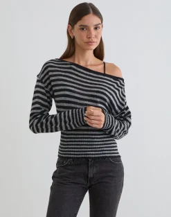 Suena Asymmetric Jumper in Stripe Black and Grey