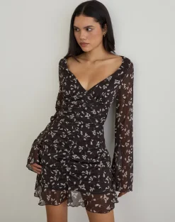 Sumiko Mini Dress in Flower Chiffon Brown