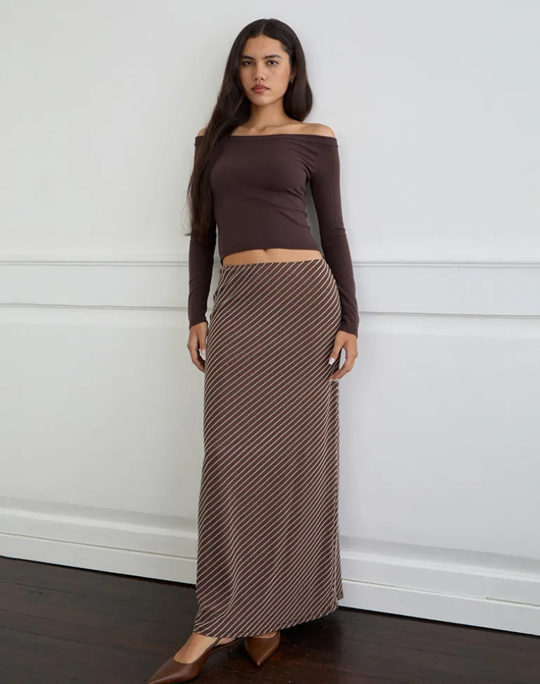Surina Maxi Skirt in Diagonal Striped Flock Brown and Cream