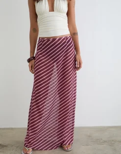 Surina Maxi Skirt in Tilted Stripe Chiffon Pink and Burgundy