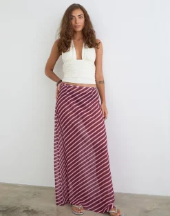 Surina Maxi Skirt in Tilted Stripe Chiffon Pink and Burgundy