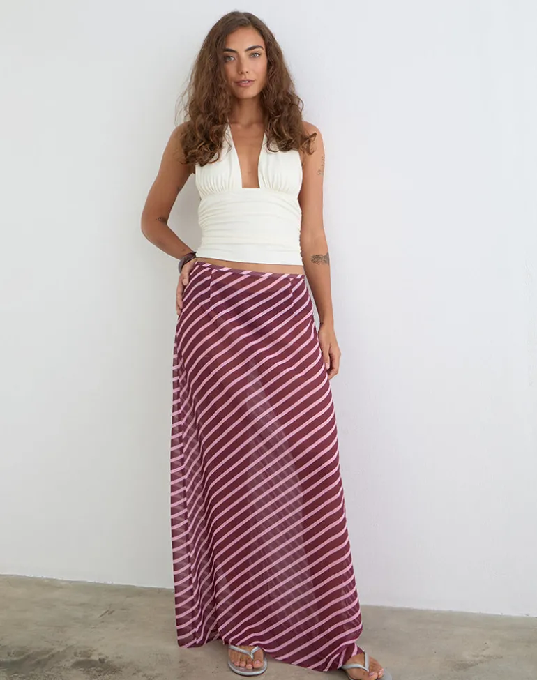 Surina Maxi Skirt in Tilted Stripe Chiffon Pink and Burgundy