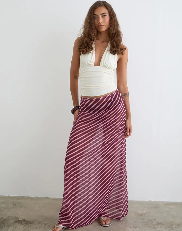 Surina Maxi Skirt in Tilted Stripe Chiffon Pink and Burgundy