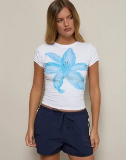 Sutin Tee in White Painted Flower Blue