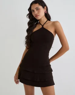 Suzetta Halter Mini Dress in Chocolate Brown
