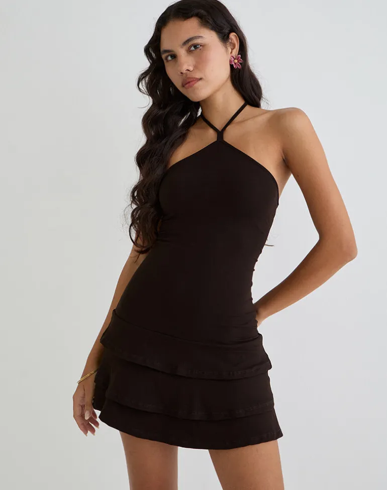Suzetta Halter Mini Dress in Chocolate Brown