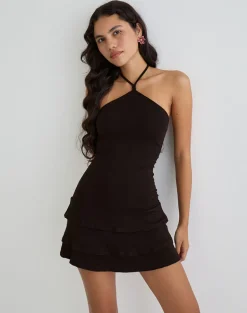 Suzetta Halter Mini Dress in Chocolate Brown
