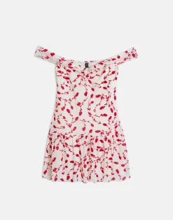 Switaria Mini Dress in Cream with Red Leafy Lily Flock