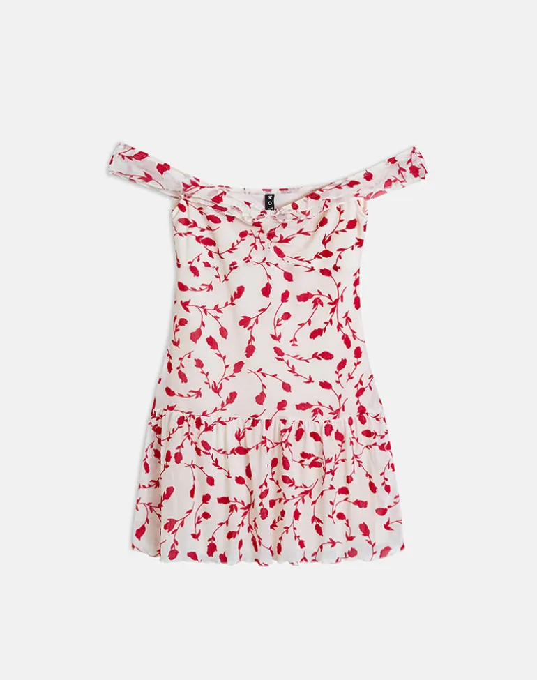 Switaria Mini Dress in Cream with Red Leafy Lily Flock