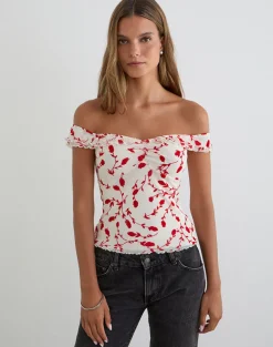 Switi Bardot Top in Cream with Red Leafy Lily Flock
