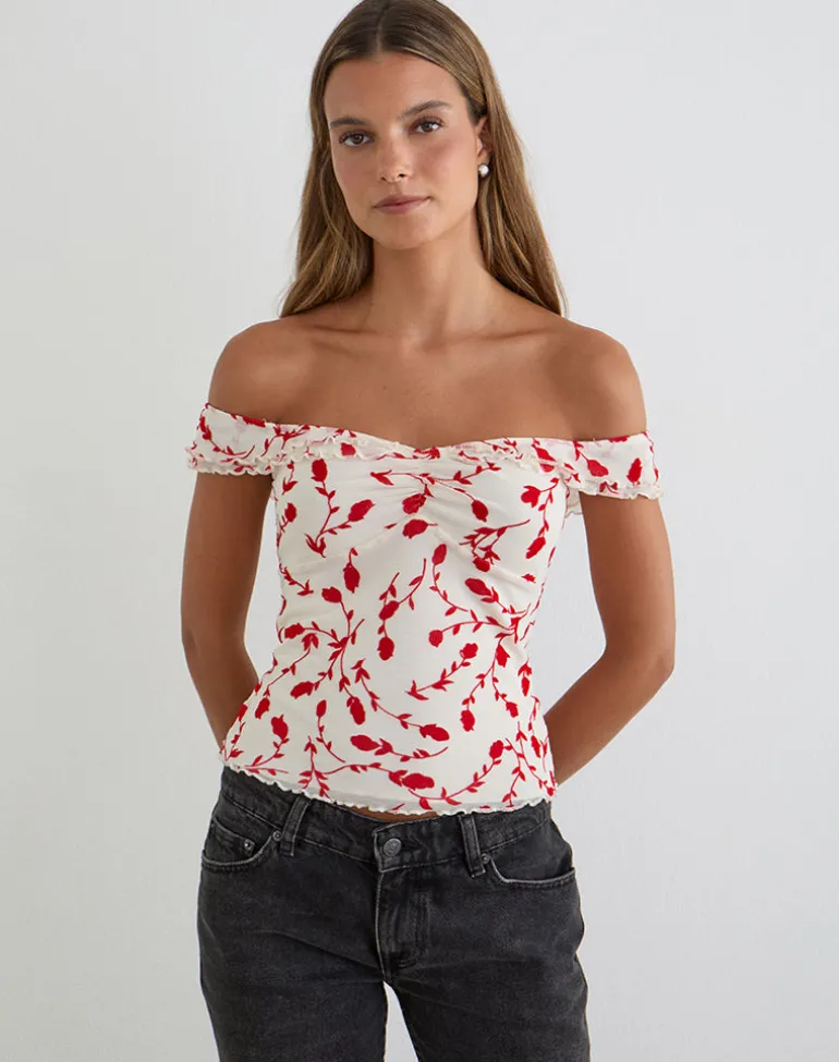 Switi Bardot Top in Cream with Red Leafy Lily Flock