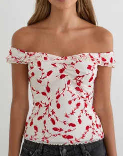 Switi Bardot Top in Cream with Red Leafy Lily Flock