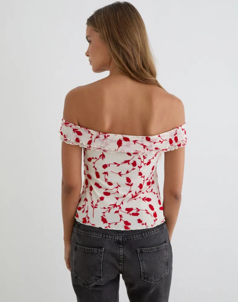 Switi Bardot Top in Cream with Red Leafy Lily Flock
