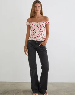 Switi Bardot Top in Cream with Red Leafy Lily Flock