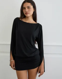 Sybe Cut Batwing Sleeve Mini Dress in Black