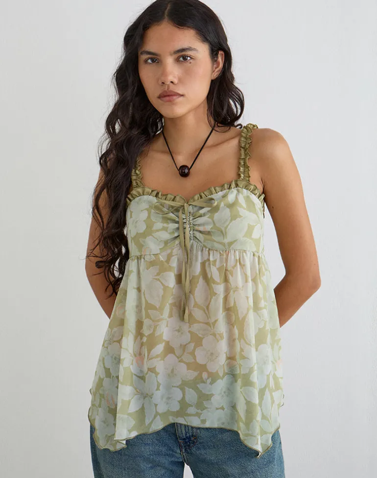 Sylva Asymmetric Hem Cami Top in Pale Flower Green