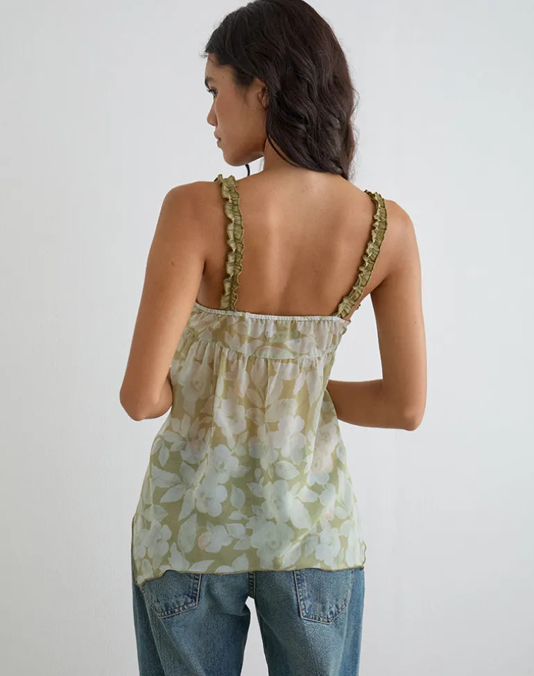 Sylva Asymmetric Hem Cami Top in Pale Flower Green
