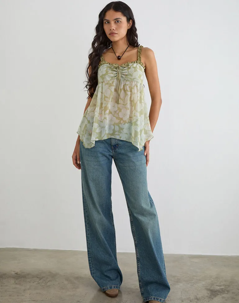 Sylva Asymmetric Hem Cami Top in Pale Flower Green