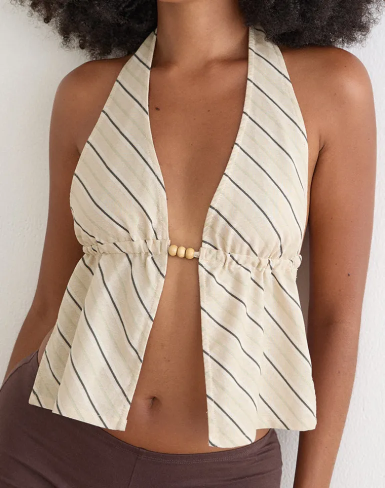 Syrma Backless Halterneck Top in Tilt Lines Beige