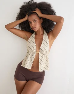Syrma Backless Halterneck Top in Tilt Lines Beige