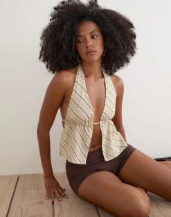 Syrma Backless Halterneck Top in Tilt Lines Beige