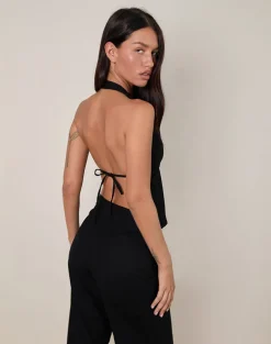 Syrma Backless Halterneck Top in Linen Black