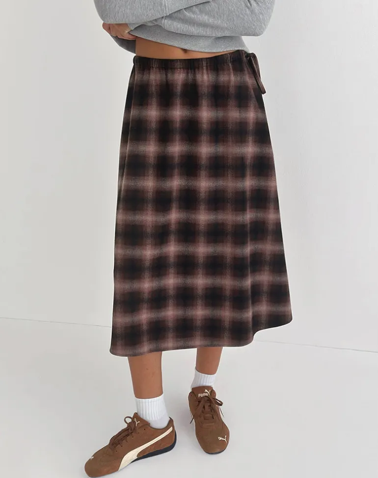 Taka Midi Skirt in Pink and Brown Check