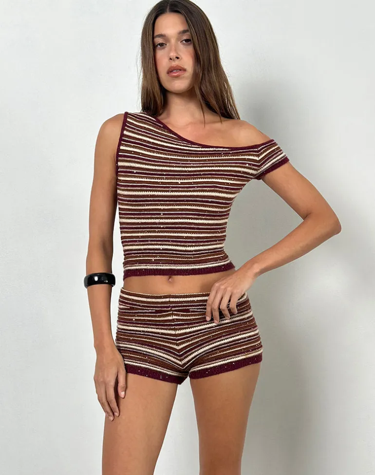 Tamia Off Shoulder Top in Shimmer Stripe Knit Rust