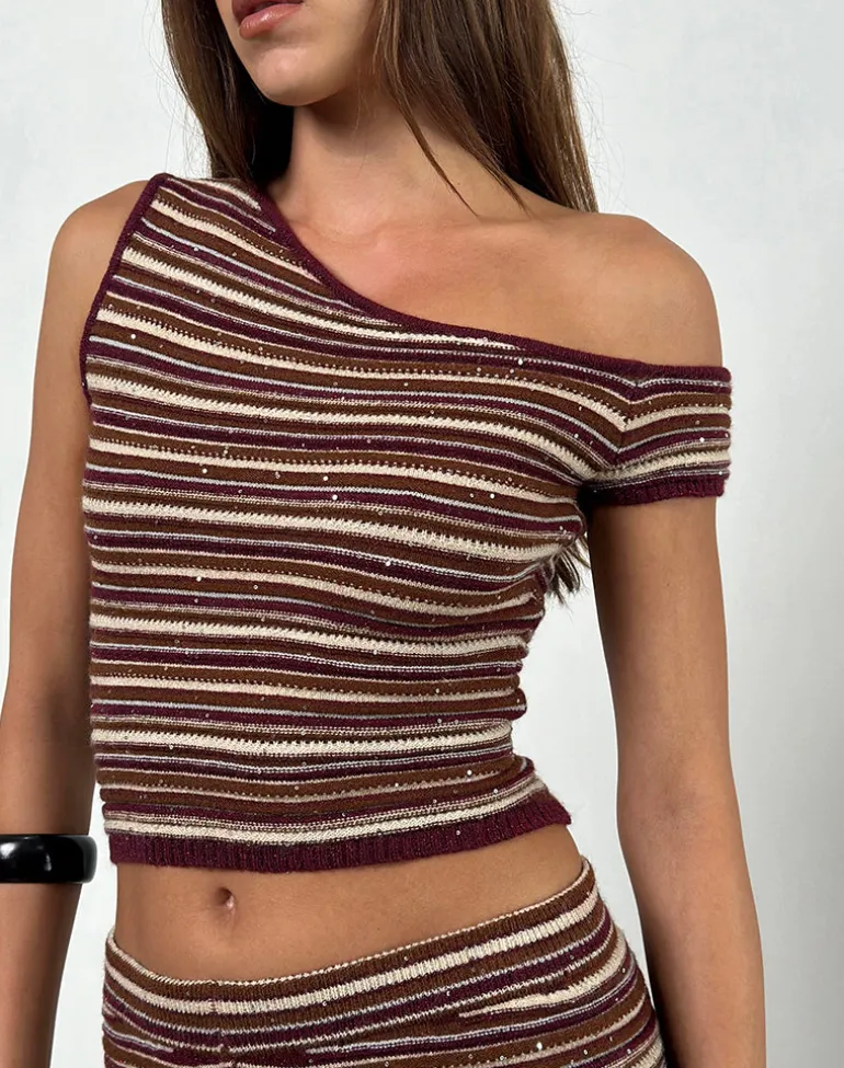 Tamia Off Shoulder Top in Shimmer Stripe Knit Rust
