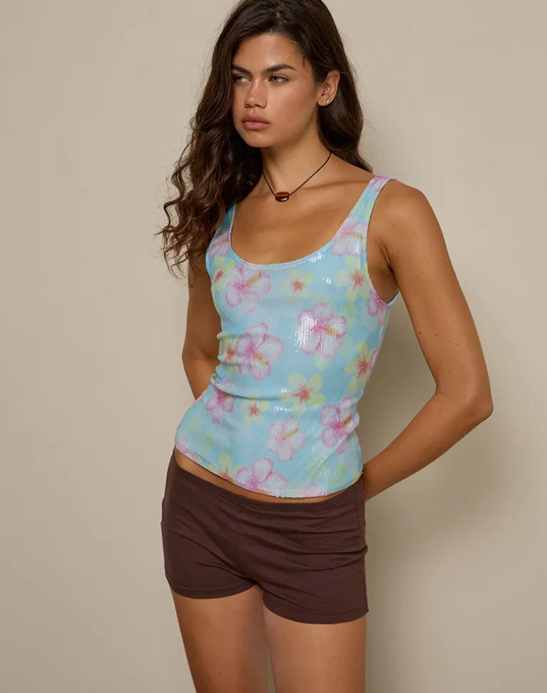 Tampa Top in Sequin Blooming Flower Blue