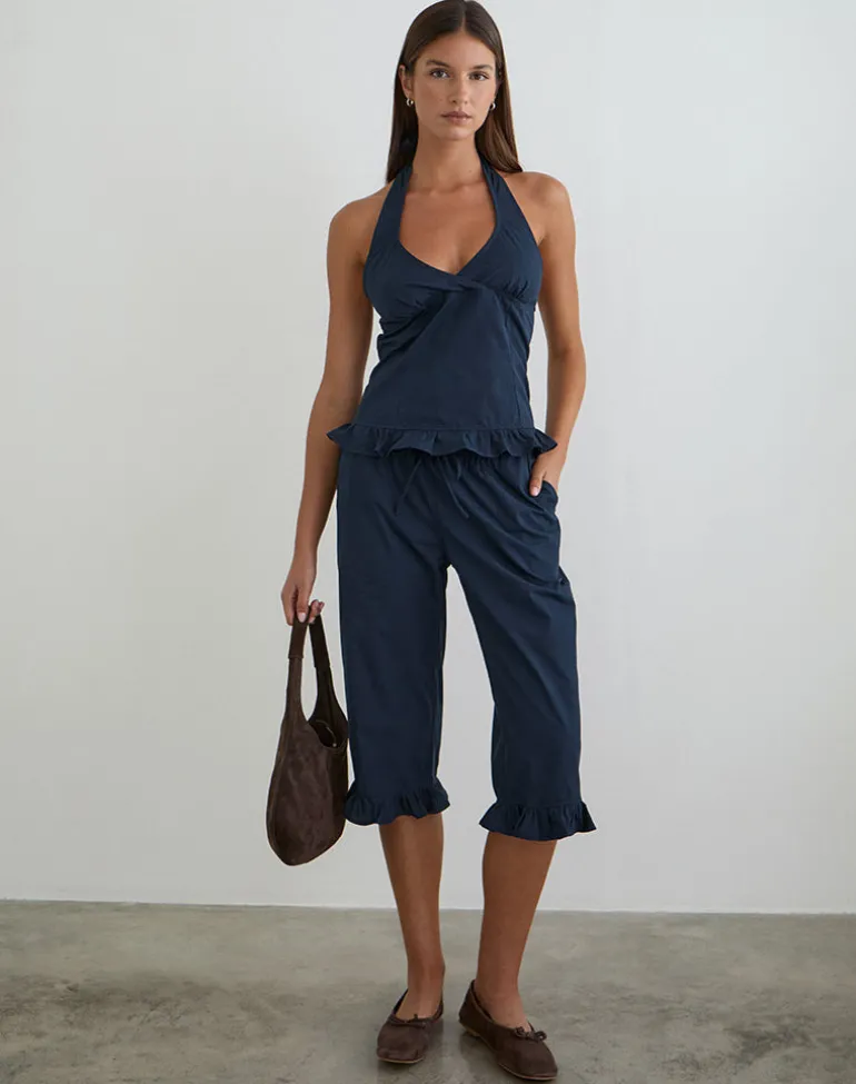Tamzen Halterneck Top in Dark Navy with Frill Hem