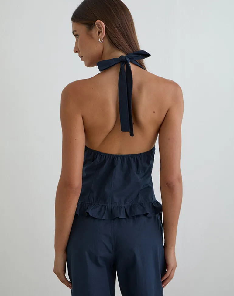Tamzen Halterneck Top in Dark Navy with Frill Hem