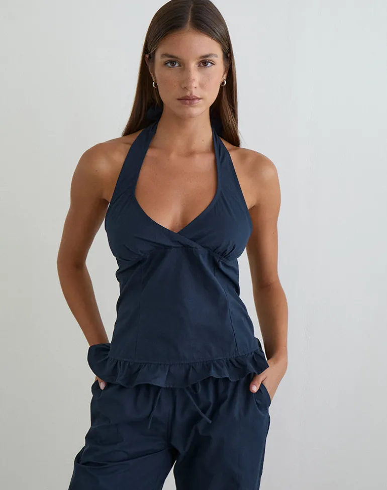 Tamzen Halterneck Top in Dark Navy with Frill Hem