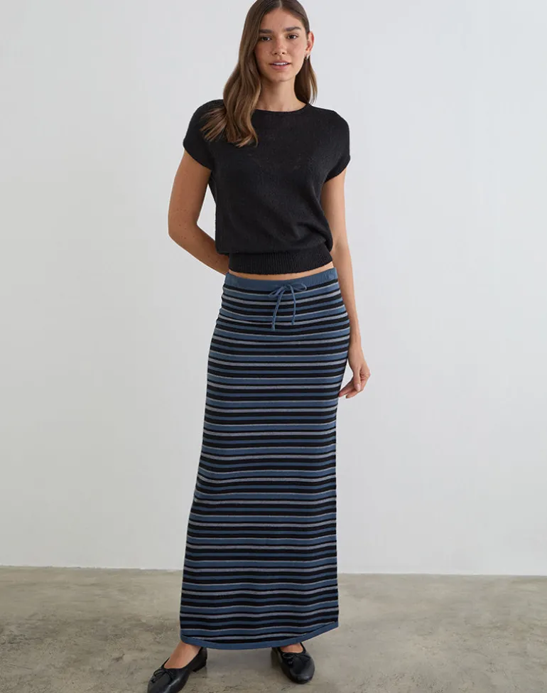 Tarmina Maxi Skirt in Knit Stripe Blue and Grey