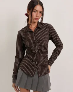 Tarsi Fitted Shirt in Mono Pinstripe Chocolate
