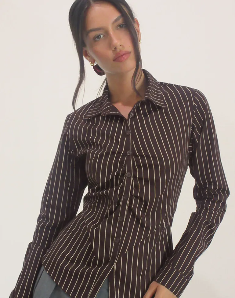 Tarsi Fitted Shirt in Mono Pinstripe Chocolate
