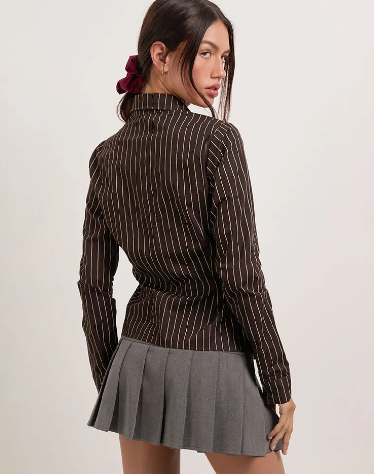 Tarsi Fitted Shirt in Mono Pinstripe Chocolate