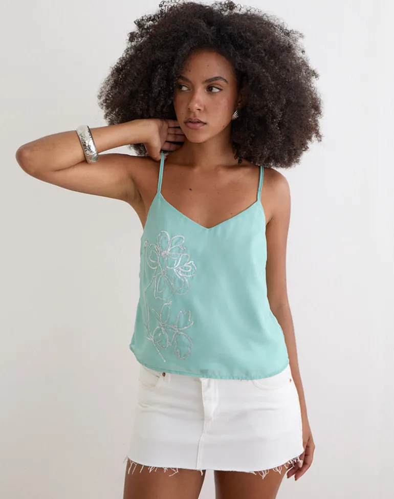 Tavina Top in Chiffon Floral Sequin Turquoise