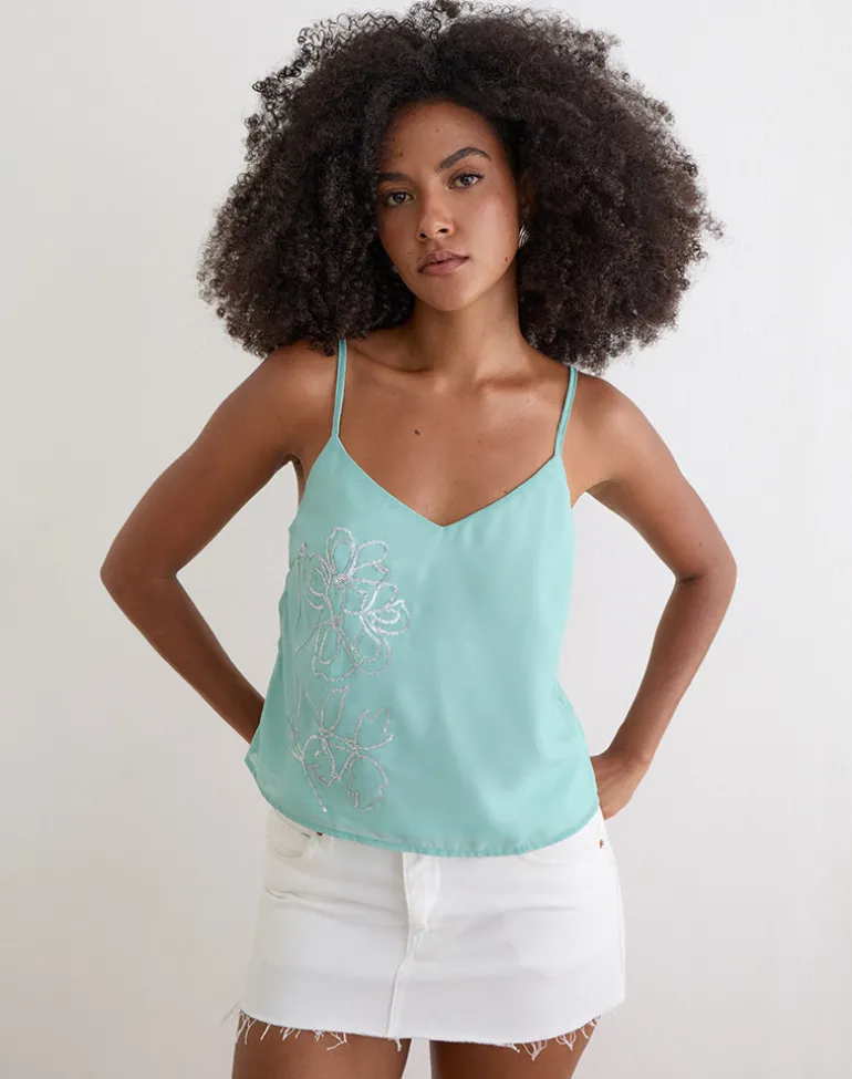 Tavina Top in Chiffon Floral Sequin Turquoise