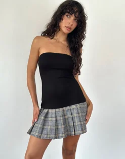 Terdayu Bandeau Pleated Mini Dress in Black Grey Check